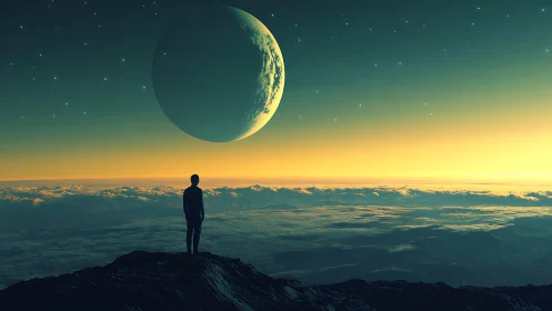 Solitary observer on alien horizon under oversized crescent world.