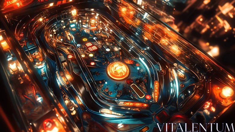 Retro pinball playfield with chrome rails and warm arcade bokeh