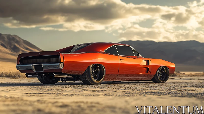 Low-slung pro-touring muscle car rendered in desert backplate.