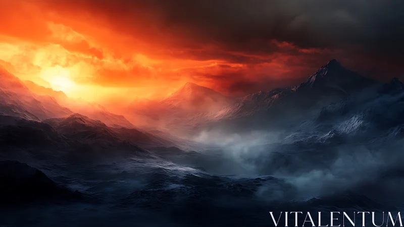 Emberstorm sunrise over frostbitten alien mountain sea.