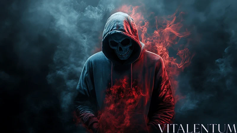 Hooded skull figure stands in dense blue and red smoke
