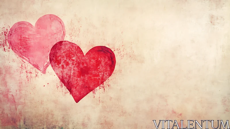 Two Hearts in Tender Watercolor Against Weathered Beige Canvas