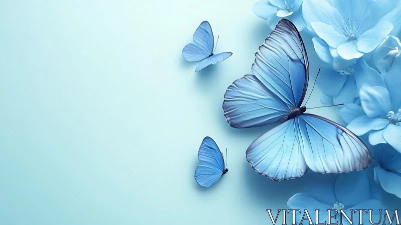 Blue butterflies on monochrome floral background study.