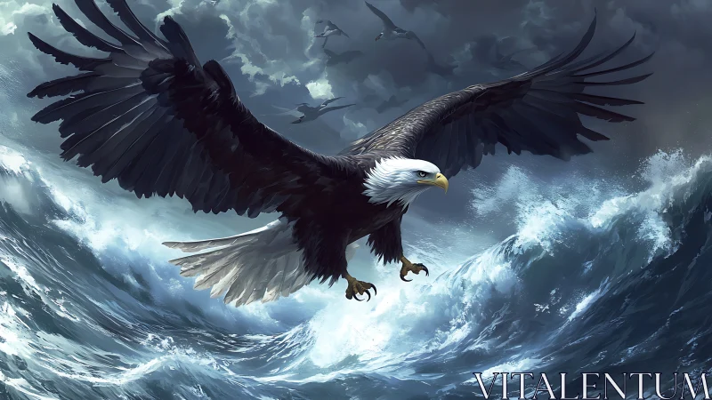 Majestic Bald Eagle Soaring Over Stormy Ocean in Digital Art.