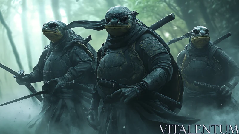 Armored turtle warriors advance through misty forest.