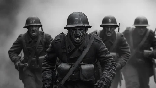 Charging infantry squad advances through dense battlefield smoke