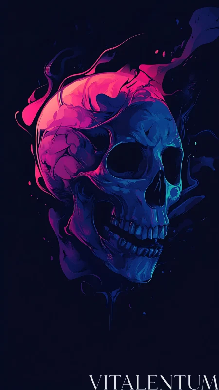 Neon-colored human skull illustration on dark background.