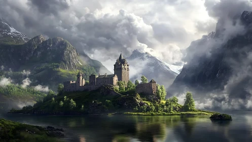 Neuschwanstein Castle lakeside composition with Alpine mountains and atmospheric volumetric clouds