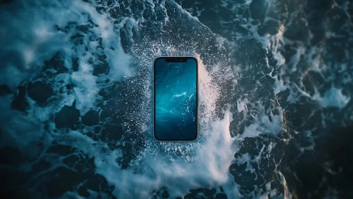 Smartphone suspended over turbulent ocean water surface.