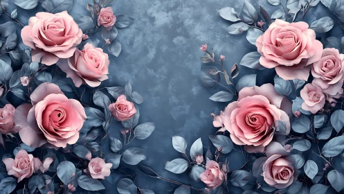 Pink Roses Against Weathered Blue Backdrop.
