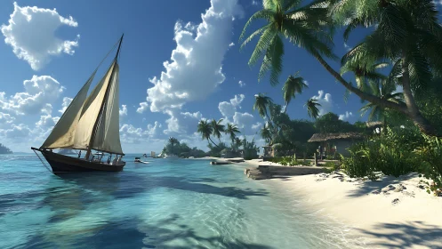 Tropical island beach scene with sailing vessel and palm vegetation