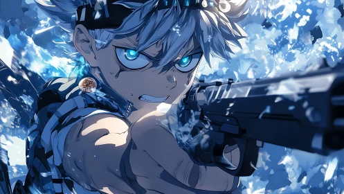 Intense anime boy aiming handgun amid blue shards.