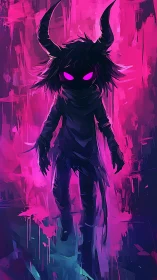 Horned shadow figure with glowing eyes on neon abstract field.