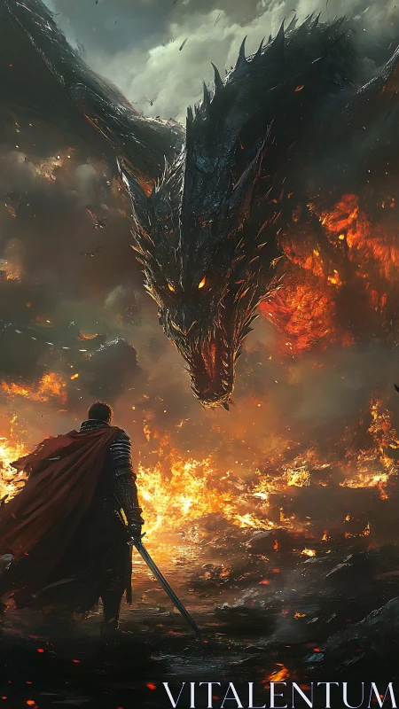 Armored figure facing large dragon over burning terrain.