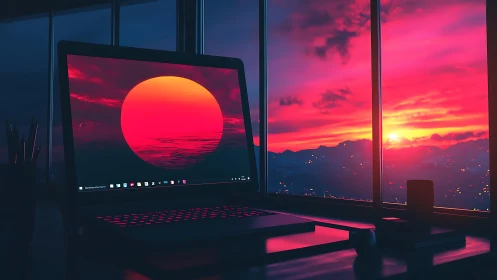 Wide laptop screen with neon sunset wallpaper at twilight desk