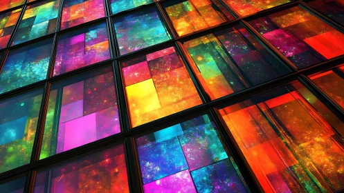 Prismatic glass panels mirror a cosmic neon lightscape.