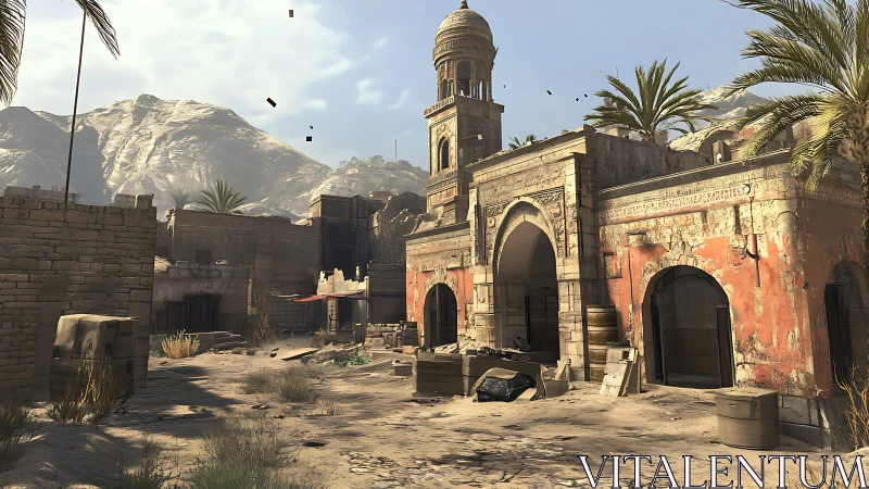 Sunbleached desert outpost guarding a crumbling red bazaar.