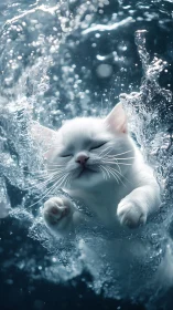 White Cat Submerged in Cascading Water with Bokeh Effects