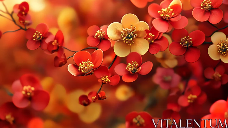 Red and Gold Flowering Branch. Botanical Elegance.