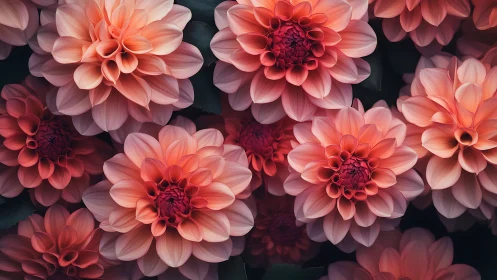 Layered Dahlia Blooms in Coral and Rose Tones.