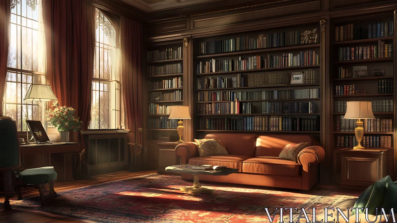 Sunlit leather library lounge glows with timeless warmth.