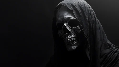 Hooded skeletal reaper emerges from shadowy darkness