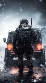 Heavily equipped soldier approaching tactical SUV in snowfall