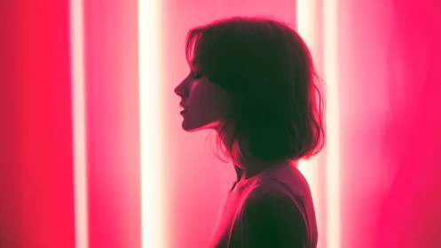 Side profile silhouette in pink neon light environment.