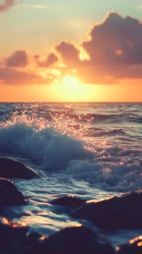 Sunset surf sparks over twilight rocks and whispering waves.