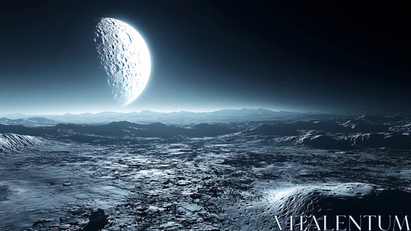 Cryogenic exoplanet plain under crescent-lit cratered moon.