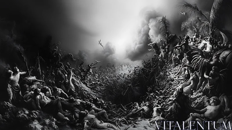 Apocalyptic celestial battle in monochrome vortex panorama.