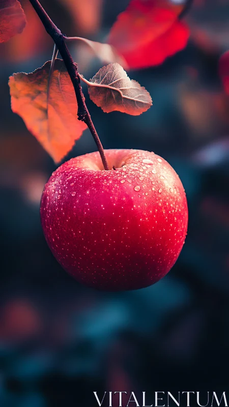 Ripe red apple hangs in soft autumn forest light.