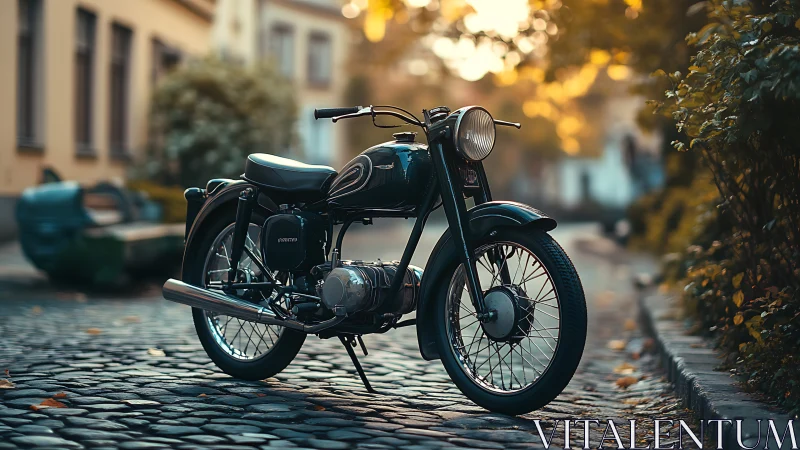 Vintage motorcycle parked on cobblestone street at sunset.