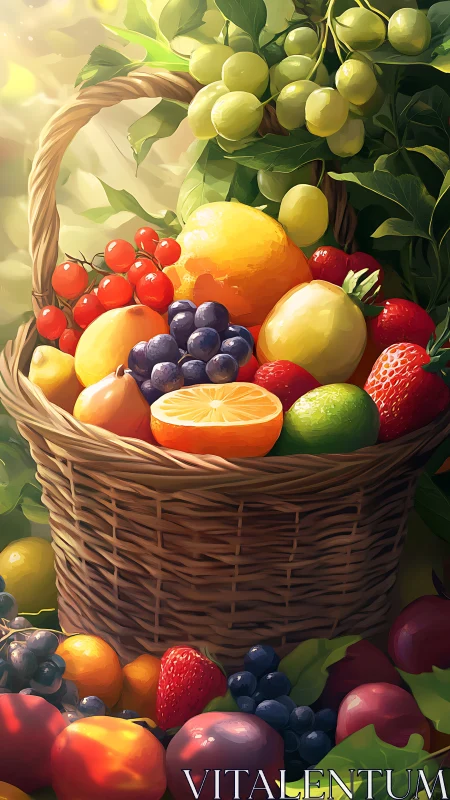 Sunlit wicker basket overflowing with mixed ripe garden fruit