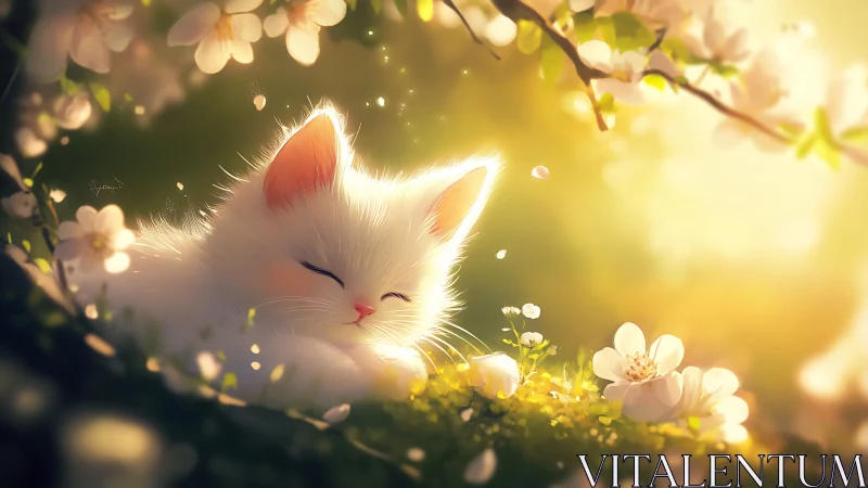 White cat resting among flowering branches in diffused sunlight.