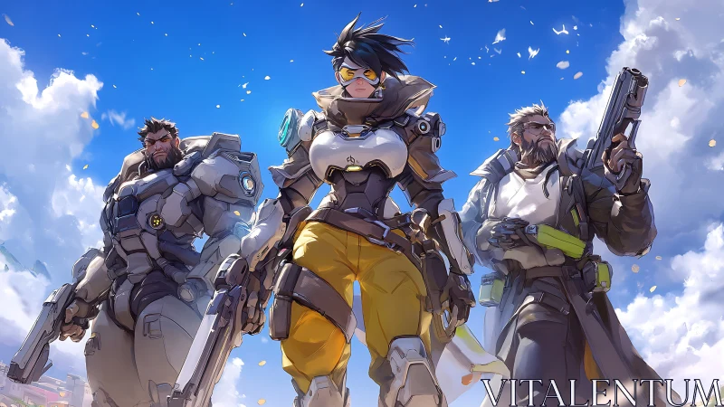 Heroic sci fi trio in dynamic armored battle stance.