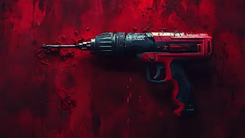 Red power drill on distressed crimson surface artwork.