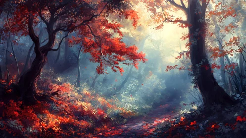 Volumetric forest landscape with autumn foliage, backlighting, and atmospheric light diffusion
