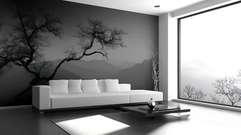 Monochrome minimal living space with panoramic landscape mural.