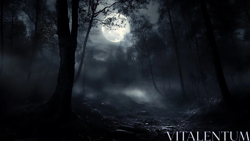 Moonlit forest path with fog under dense tree canopy.