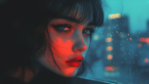 Split-tone neon portrait isolates reflective gaze against wet glass