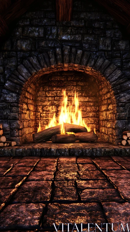 Fireplace with Blazing Logs and Stone Arch.