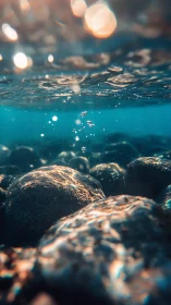 Sunlit underwater stones shimmer beneath rippling surface.