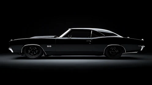 Sleek black muscle car poised in a calm studio spotlight.