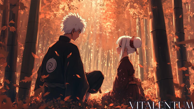 Autumn kimono couple in bamboo grove, backlit sunset glow