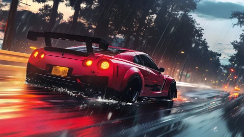 Red street racer slicing through neon city rainstorm.