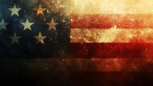 Scorched stars and stripes drift through smoky golden light
