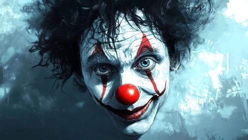 Eerie blue clown portrait with chaotic inky background.