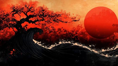 Red sun, black wave, and tree silhouette in stylized scene.