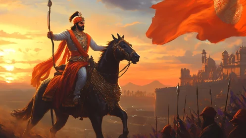 Royal warrior on horseback before fortress at sunset.